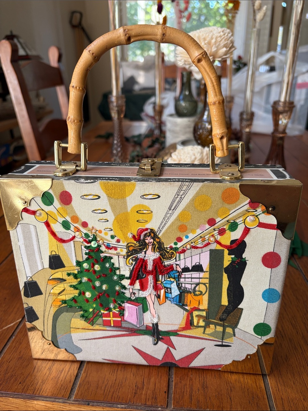 Festive Illustrated Bamboo-Handle Holiday Box Handbag - Multi